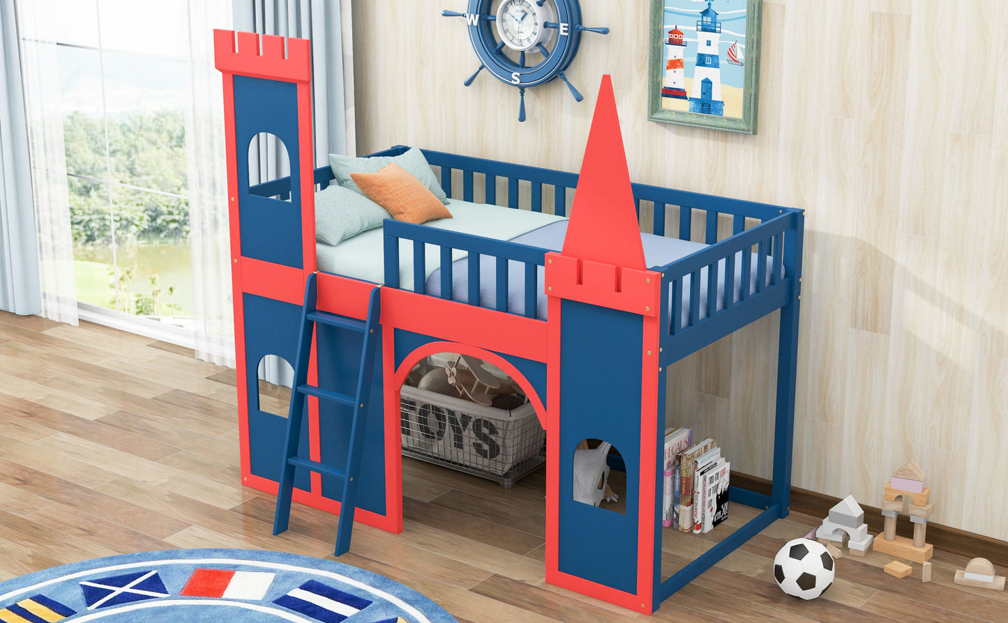 Twin Size Castle Shaped Loft Bed with Underbed Storage Space