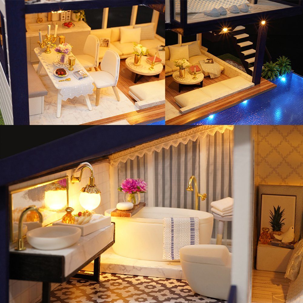 This stunning DIY miniature dollhouse kit is a cool gift, a manifesting tool, a or new addition to your stylish home or office decor. Relieve your stress, and cultivate patience, while you make yourself this dreamy mini dwelling!  The package includes: all furniture & materials shown. The LED lights, plants, ornaments, furniture are quite realistic and cleverly designed.