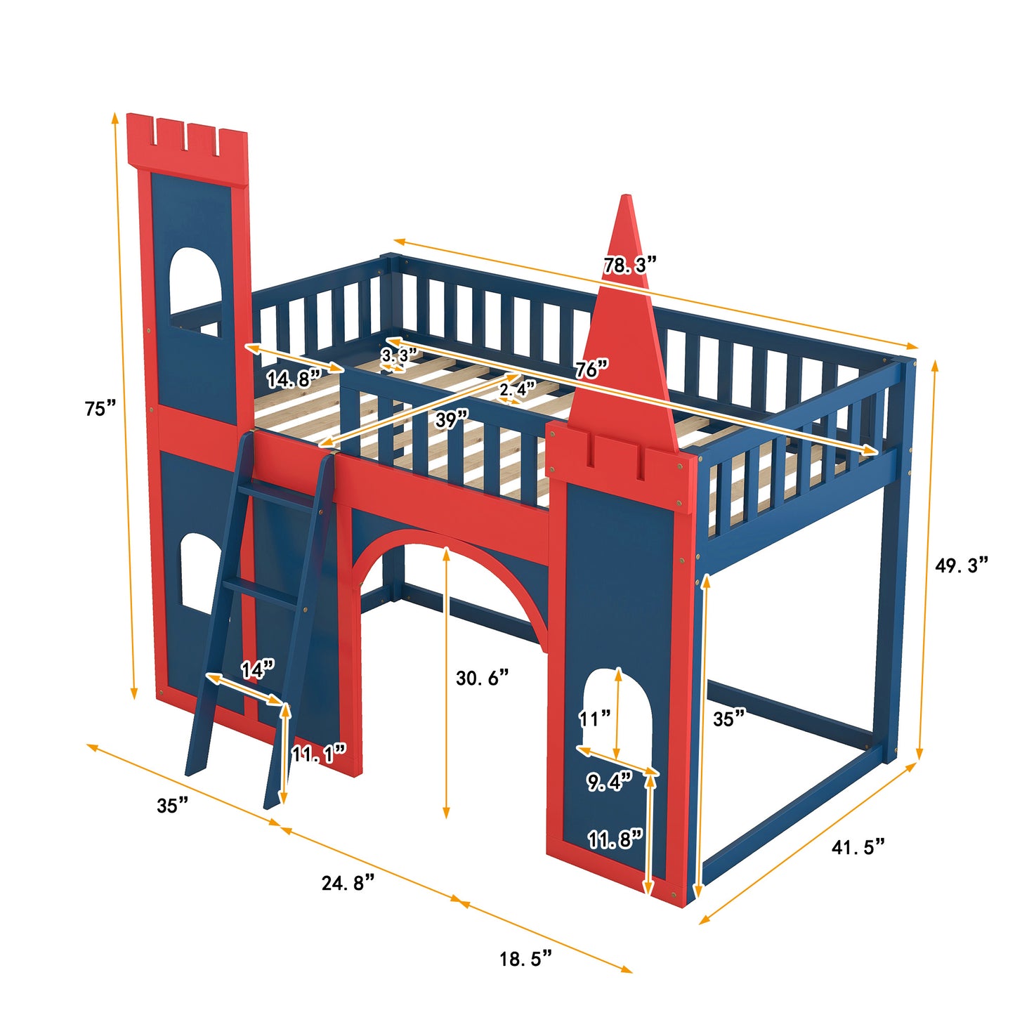 Twin Size Castle Shaped Loft Bed with Underbed Storage Space