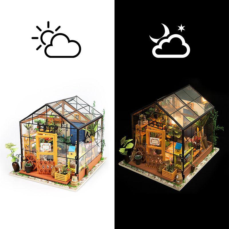 Enjoy the stress-relieving hobby of assembling this DIY Mini Dollhouse, a little greenhouse hideaway for garden enthusiasts or those who wish they had a greener thumb... If you can stand to part with it, give as an impressive and heart-warming gift. It's a very inviting scene to gaze upon.    Details Assembly size: 195*175*175mm  Package size: 319*207*50mm  Wooden pieces: 231pcs