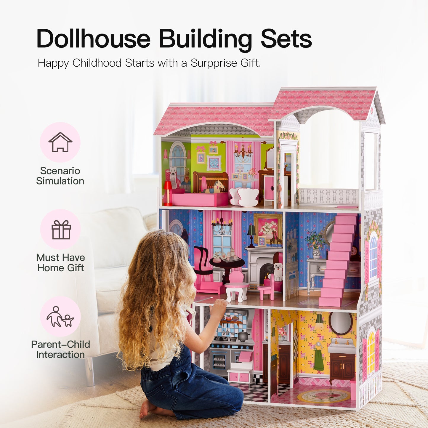 Classic Wooden Dollhouse 1. There are 10 pieces of furniture, suitable for different rooms. 2. Bright colors stimulate children's creativity. 3. The furniture is made of solid wood, which is safe and non-toxic. 4. The whole doll house is made of MDF, which is sturdy and durable. 5. 3 floors, 5 different rooms and 1 balcony, with 1 stairway and 1 elevator, you can find more ways to play. 6. Great for playing with family and friends to enhance communication skills