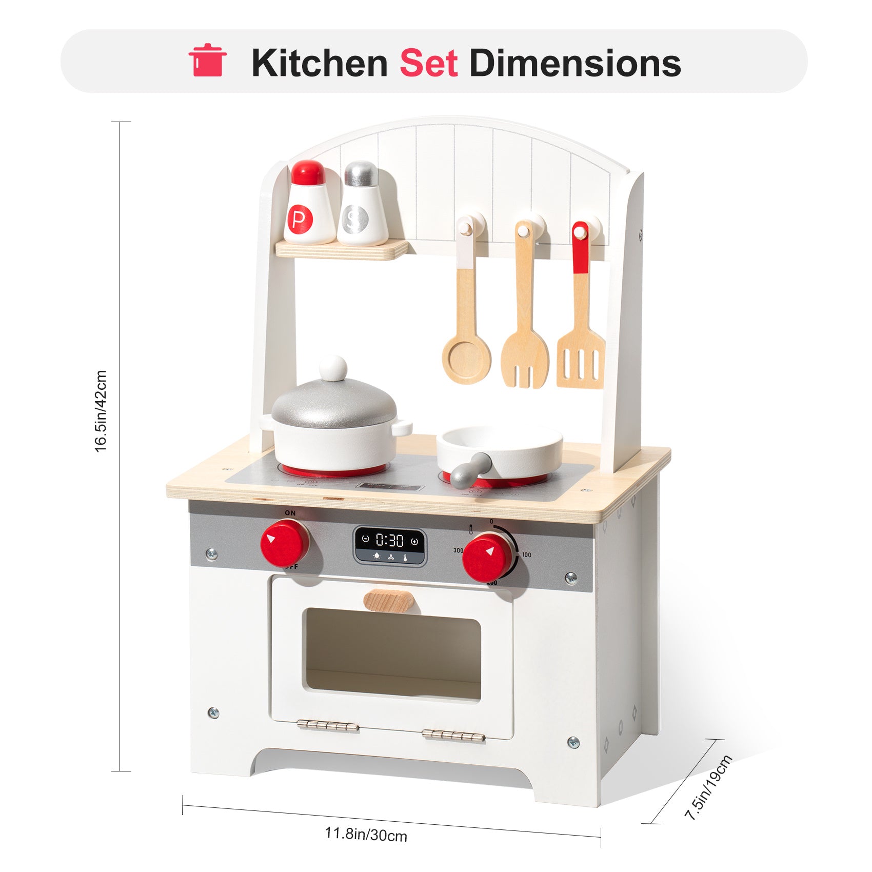 1. The structure of this product is made of MDF, and the kitchen accessories are made of solid wood, which is sturdy and durable.  2. This bright and colorful wooden kitchen set inspires early imaginative play by helping children understand the concept of "making" food. Enhance creativity and fine motor skills.  3. This kitchen includes 8 kitchen accessories, and the knob of the stove can make sounds to simulate the real kitchen scene.