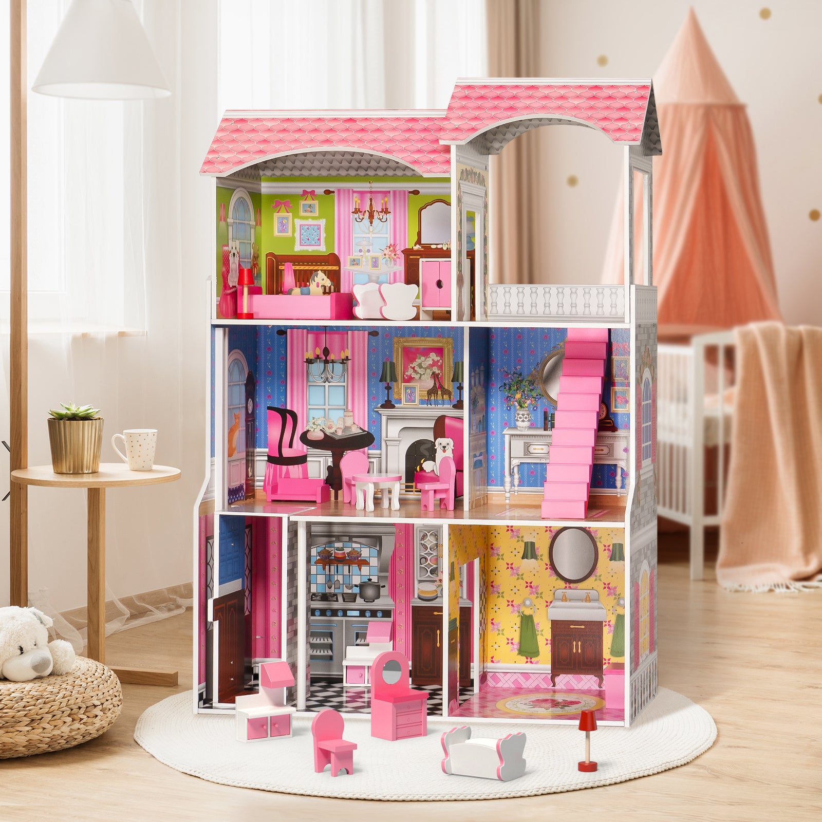 Classic Wooden Dollhouse - 1. There are 10 pieces of furniture, suitable for different rooms. 2. Bright colors stimulate children's creativity. 3. The furniture is made of solid wood, which is safe and non-toxic. 4. The whole doll house is made of MDF, which is sturdy and durable. 5. 3 layers, 5 different rooms and 1 balcony, with 1 stairway and 1 elevator, you can find more ways to play. 6. Suitable for playing with family and friends to enhance communication skills