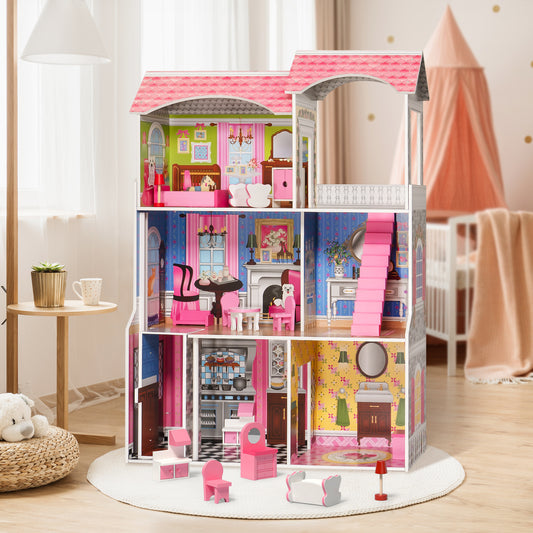 Classic Wooden Dollhouse - 1. There are 10 pieces of furniture, suitable for different rooms. 2. Bright colors stimulate children's creativity. 3. The furniture is made of solid wood, which is safe and non-toxic. 4. The whole doll house is made of MDF, which is sturdy and durable. 5. 3 layers, 5 different rooms and 1 balcony, with 1 stairway and 1 elevator, you can find more ways to play. 6. Suitable for playing with family and friends to enhance communication skills