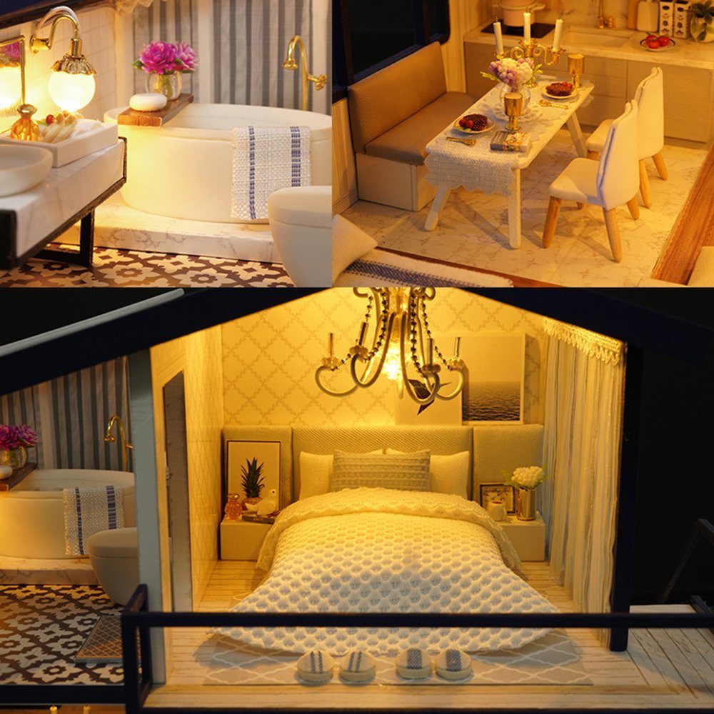 This stunning DIY miniature dollhouse kit is a cool gift, a manifesting tool, a or new addition to your stylish home or office decor. Relieve your stress, and cultivate patience, while you make yourself this dreamy mini dwelling!  The package includes: all furniture & materials shown. The LED lights, plants, ornaments, furniture are quite realistic and cleverly designed.