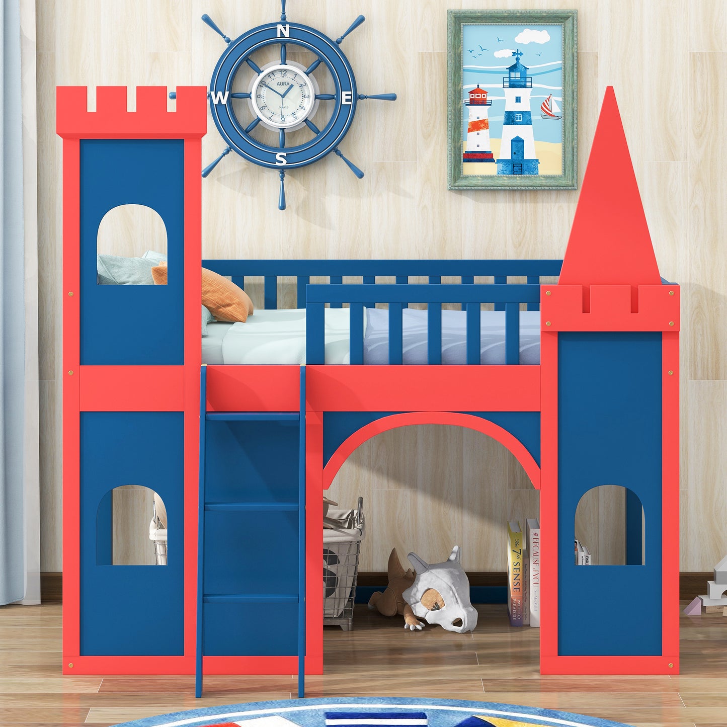 Twin Size Castle Shaped Loft Bed with Underbed Storage Space