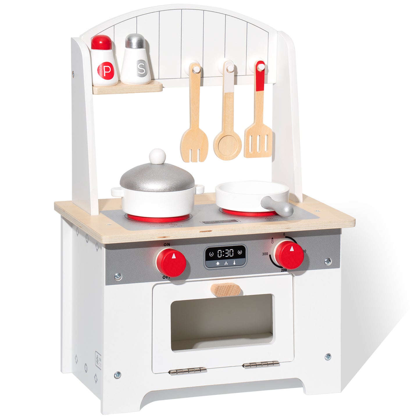 1. The structure of this product is made of MDF, and the kitchen accessories are made of solid wood, which is sturdy and durable.  2. This bright and colorful wooden kitchen set inspires early imaginative play by helping children understand the concept of "making" food. Enhance creativity and fine motor skills.  3. This kitchen includes 8 kitchen accessories, and the knob of the stove can make sounds to simulate the real kitchen scene.