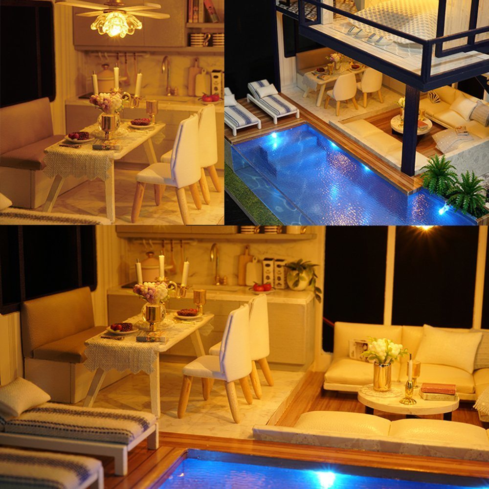 This stunning DIY miniature dollhouse kit is a cool gift, a manifesting tool, a or new addition to your stylish home or office decor. Relieve your stress, and cultivate patience, while you make yourself this dreamy mini dwelling!  The package includes: all furniture & materials shown. The LED lights, plants, ornaments, furniture are quite realistic and cleverly designed.