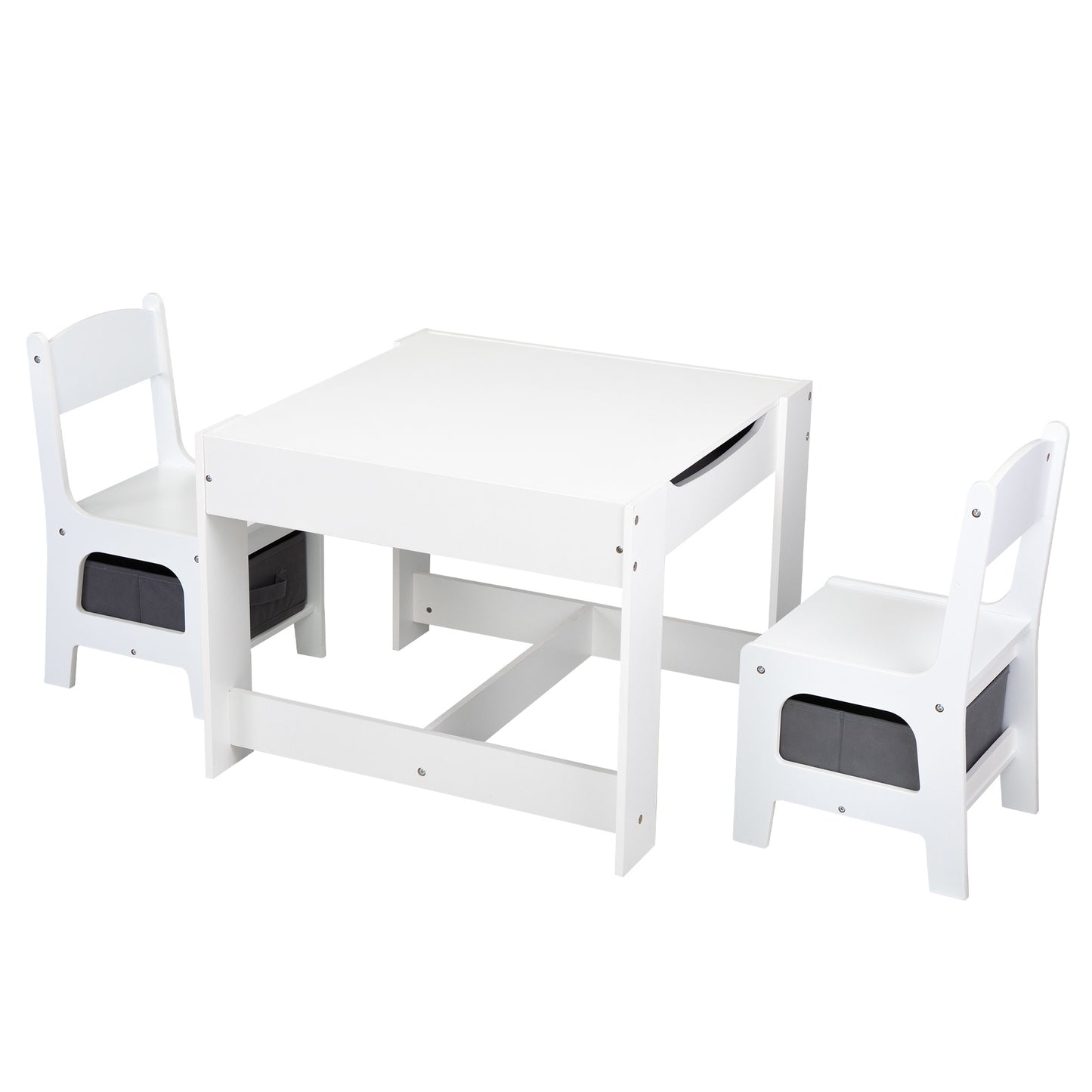 3-in-1 Kids Wood Table and 2 Chairs, Activity Table Set w/ Storage, Blackboard, Double-Sided Table
