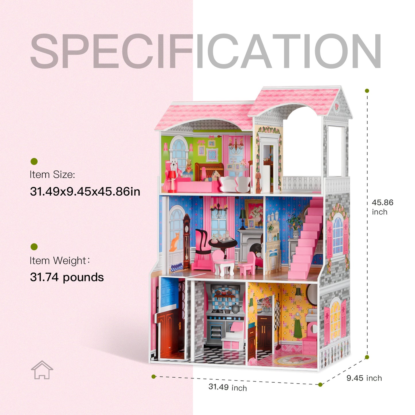 Classic Wooden Dollhouse w/ Furniture Set